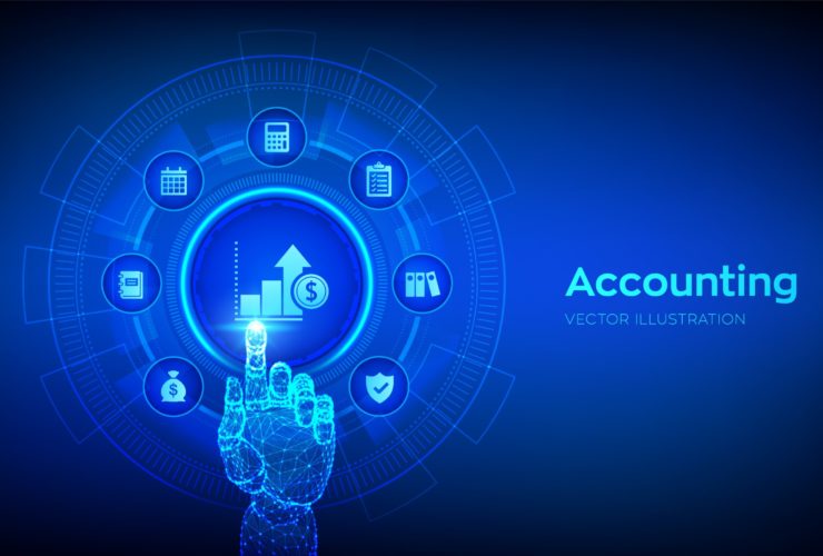 Accounting. Accountancy service. Banking Calculation. Financial analysis, investments and business consulting concept. Online banking. Robotic hand touching digital interface. Vector illustration